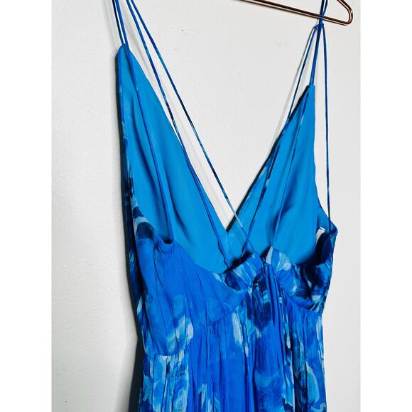 HALSTON Bright Blue Floral Chiffon V-Neck Criss-Cross Open Back Maxi Dress Size4 - Picture 6 of 14